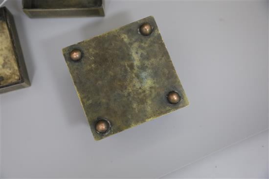 A Chinese bronze shou three tier square box, 19th century, H.10.3cm